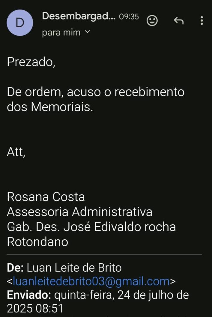 Comprovante de Recebimento do Ofício no Gabinete do Desembargador