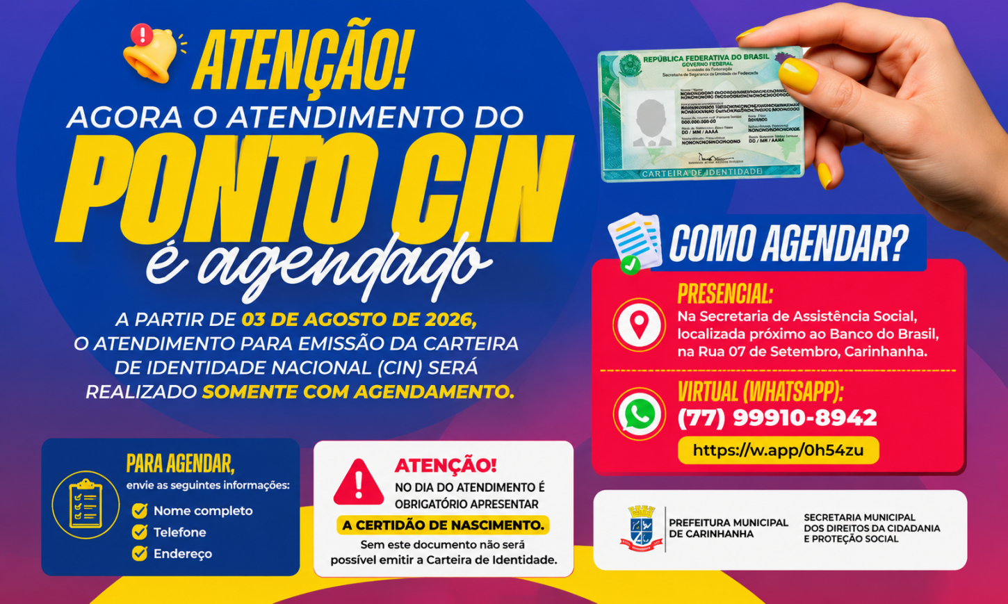 📢 Vai tirar a nova Carteira de Identidade? Saiba como fazer o agendamento no SAC de Carinhanha